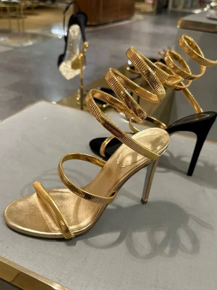 Eilyken Gold Silver Thin High Heels Ankle Strap Women Sandals Sexy Narrow Band  Open Toe Stripper Prom Female Shoes