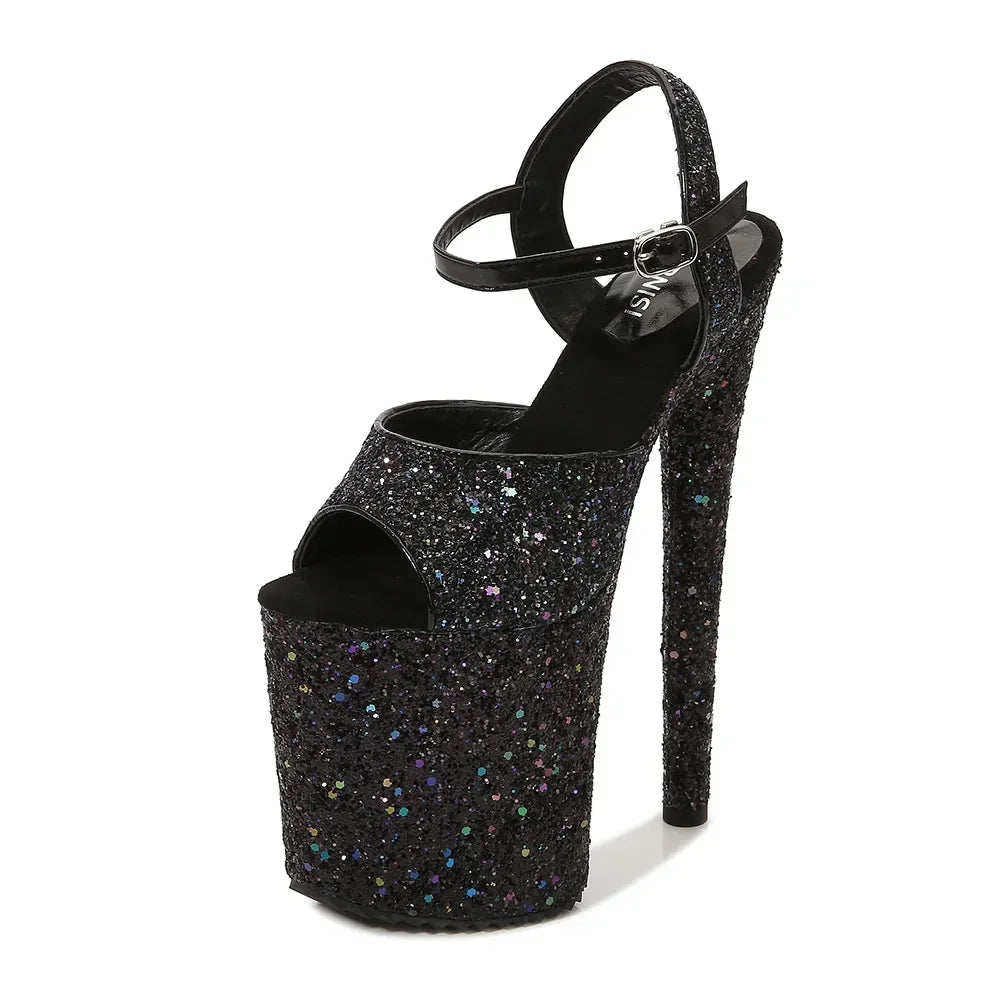 women's sandals summer Party Peep Toe Platform Buckle Strap Sequined Cloth 20CM Thin high heels Bling Pumps Women Shoes black