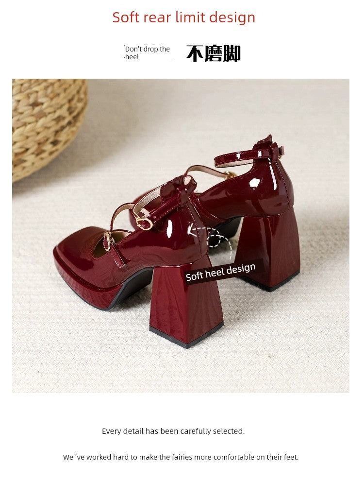 Waterproof Platform Small Red Wedding Shoes Square Toe Strap