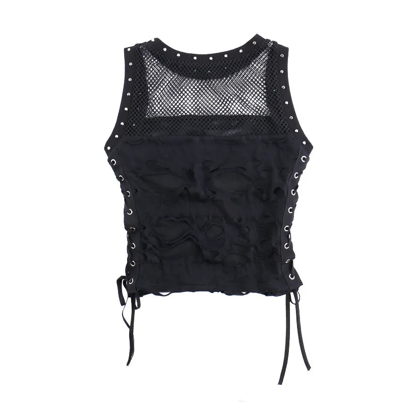 Gothic Crop Tops Punk Tanks Trendy Camisole T-Shirt Women Sexy Fishnet Backless Steampunk Vest Clubwear for Rave Party