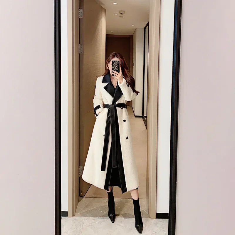 New 2024 Wool Blend Jacket Elegant Color Block Mid Length Plush Coat For Women Stylish Outerwear Warm Comfortable Female Coat