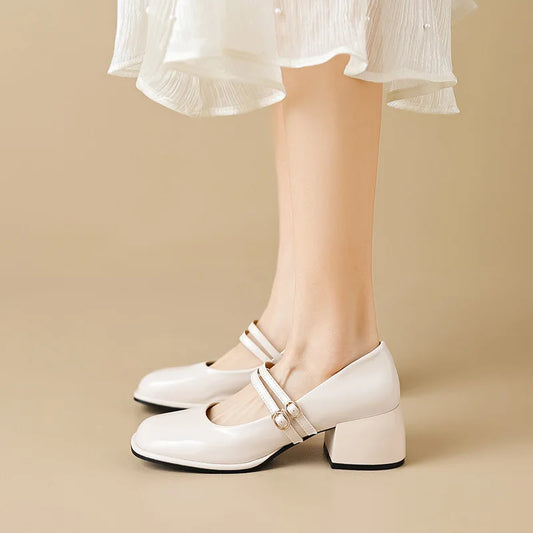 2023 spring women's shoes ladies high heels Casual Mary Janes white square toe design career and commuting Korean style 41-43