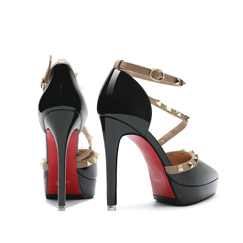 Women 12cm High Heels 2.5cm Platform Red Bottom Shoes Studded Sandals Scarpin Valentine Party Pump Lady Fetish Nighclub Stiletto