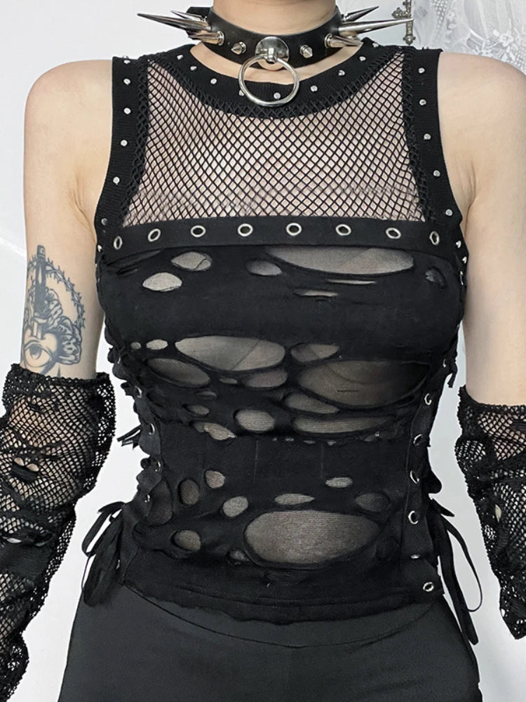 Gothic Crop Tops Punk Tanks Trendy Camisole T-Shirt Women Sexy Fishnet Backless Steampunk Vest Clubwear for Rave Party