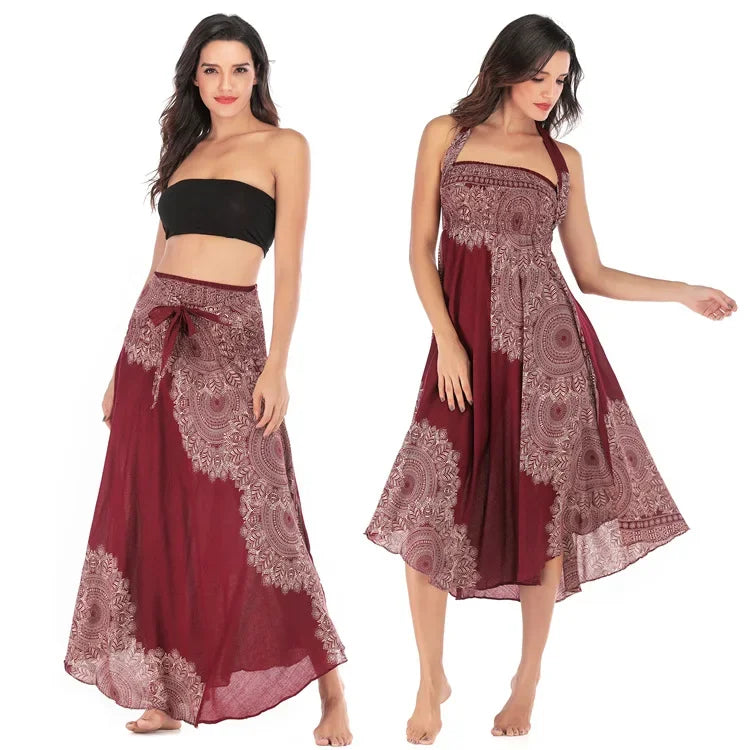 Boho Floral Maxi Skirt – Ethnic Style Elastic Waist Long Skirt for Women