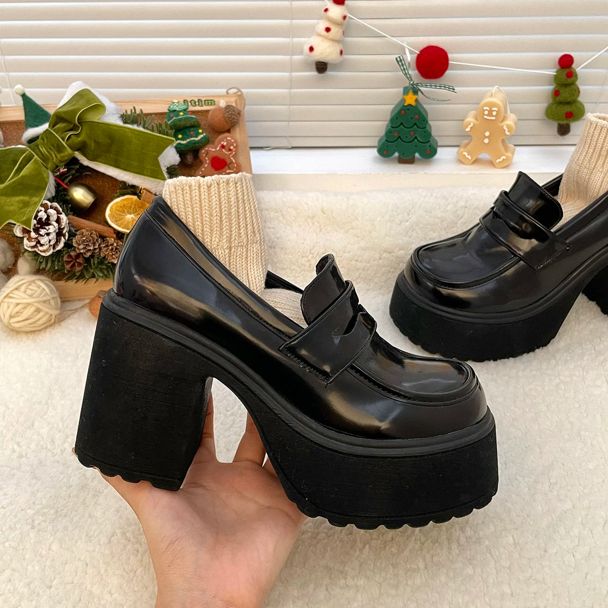 2023 Autumn New Women High Heels Retro Loafers Patent Leather Chunky Platform Pumps Woman Slip-on Mary Janes Shoes Zapatos Mujer