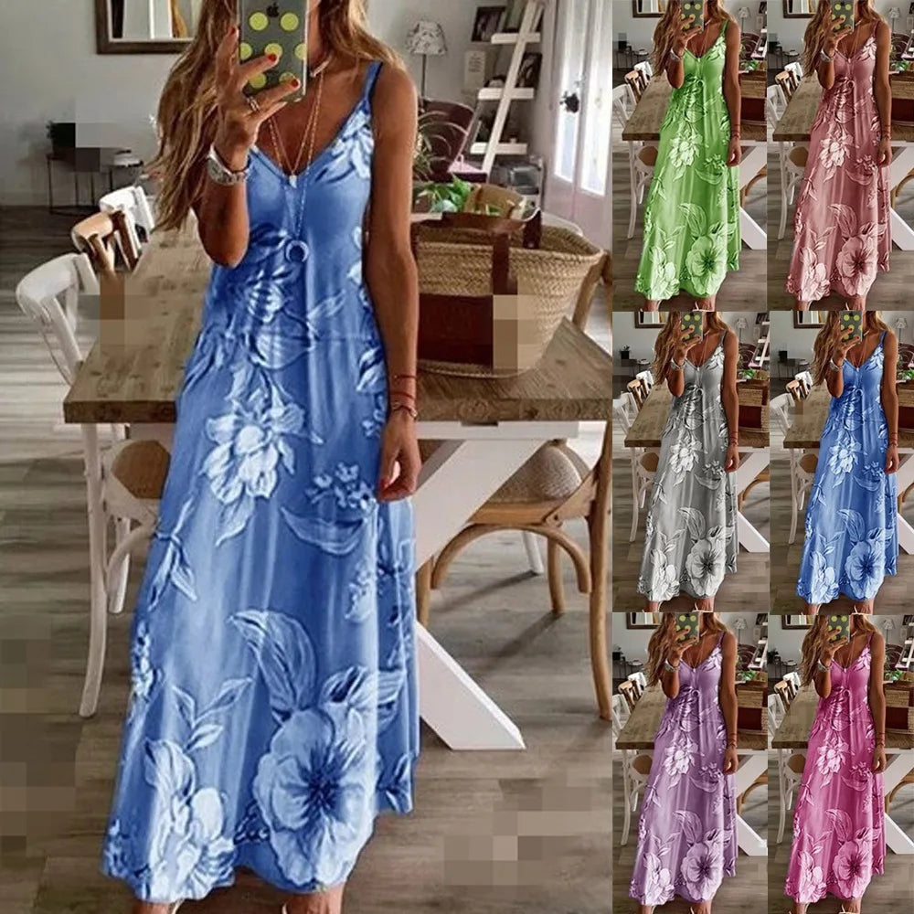 Plus Size 2023 Spring Summer Dress Purple Floral Print V-Neck Long Dresses Casual Bohemian Sleeveless Women Beach Party Dress