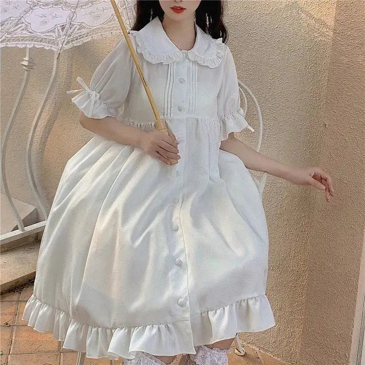 Japanese Lolita White Dress Women Summer Puff Sleeve Ruffles Dress Preppy Style Kawaii Sweet Fairy Peter Pan Collar Midi Dresses