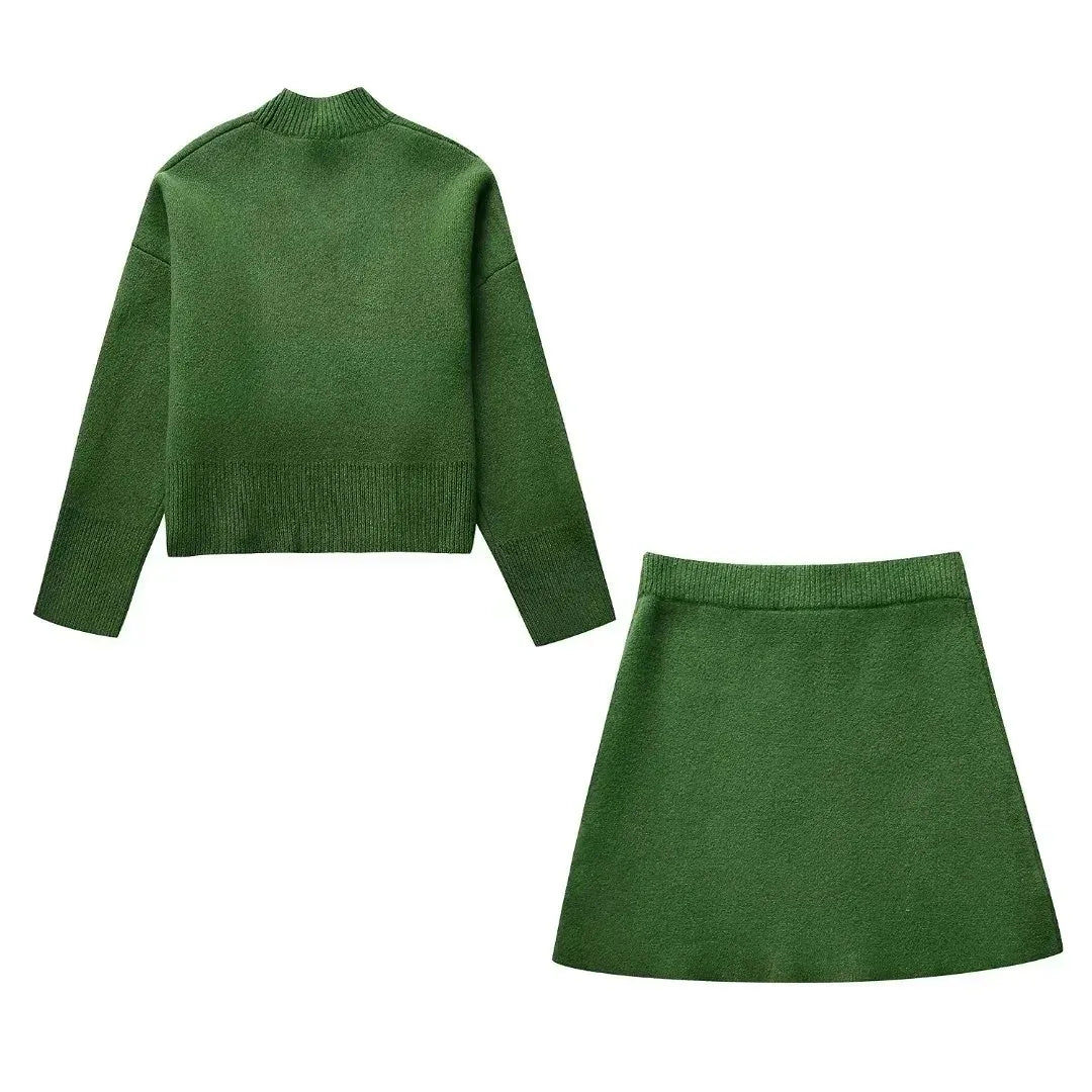 Ladies' Autumn Winter Skirt Suit – Elegant Long Sleeve Sweater & A-Line Mini Skirt Set