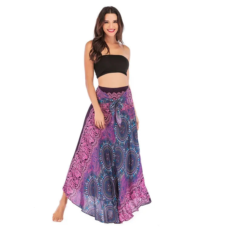 Boho Floral Maxi Skirt – Ethnic Style Elastic Waist Long Skirt for Women