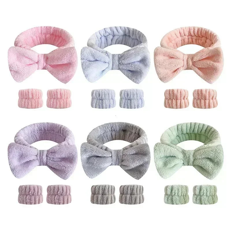 2/3Pcs Bow Headband Wristband Set Towel Elastic Soft Washing Face Shower Make Up Yoga Sports Skincare Headband For Women Girls