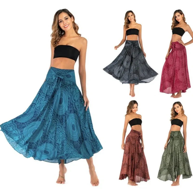 Boho Floral Maxi Skirt – Ethnic Style Elastic Waist Long Skirt for Women