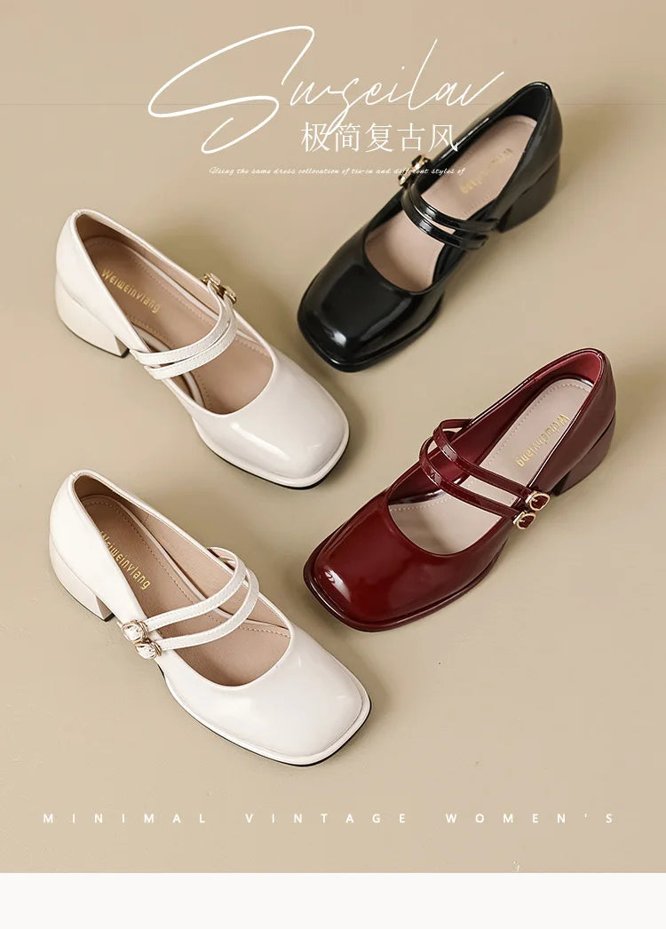 2023 spring women's shoes ladies high heels Casual Mary Janes white square toe design career and commuting Korean style 41-43