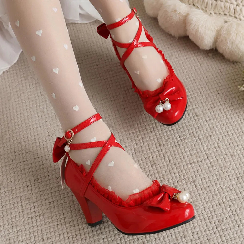 Spring Women High Heels Cross Strap Mary Jane Pumps Party Wedding Cosplay White Red Black String Bead Bow Princess Lolita Shoes