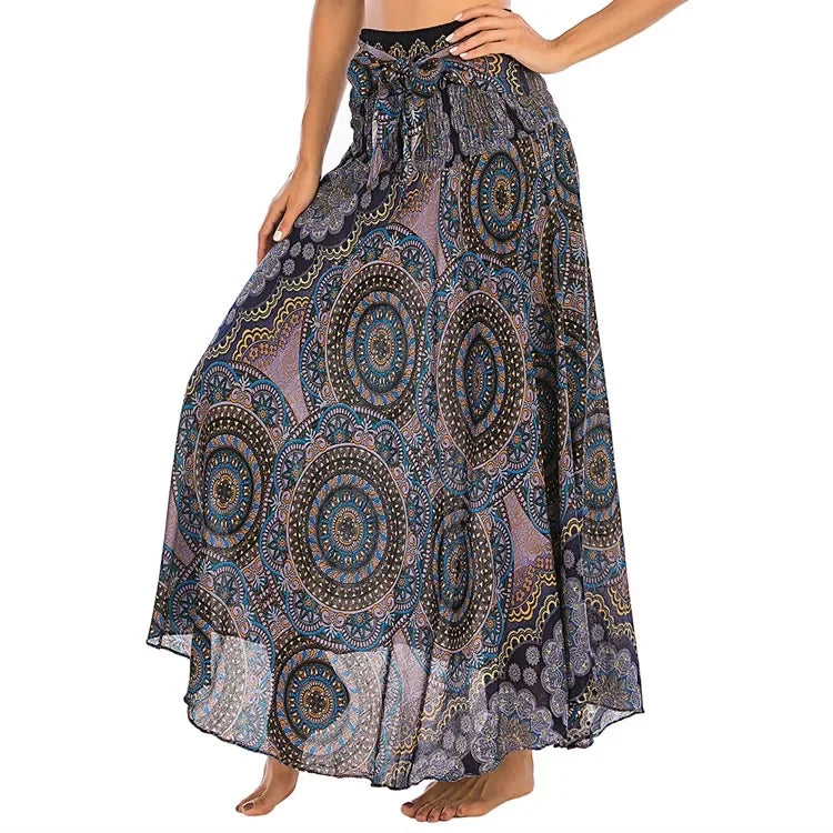 Boho Floral Maxi Skirt – Ethnic Style Elastic Waist Long Skirt for Women