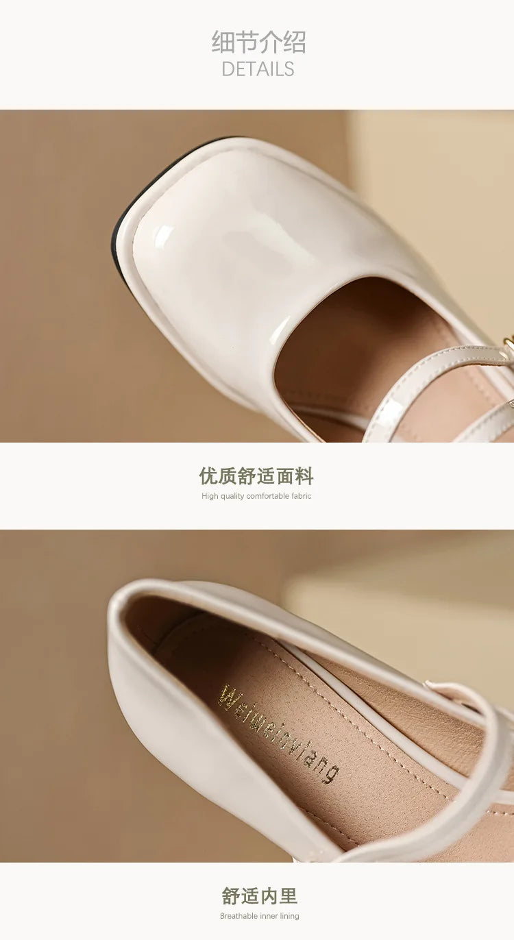 2023 spring women's shoes ladies high heels Casual Mary Janes white square toe design career and commuting Korean style 41-43