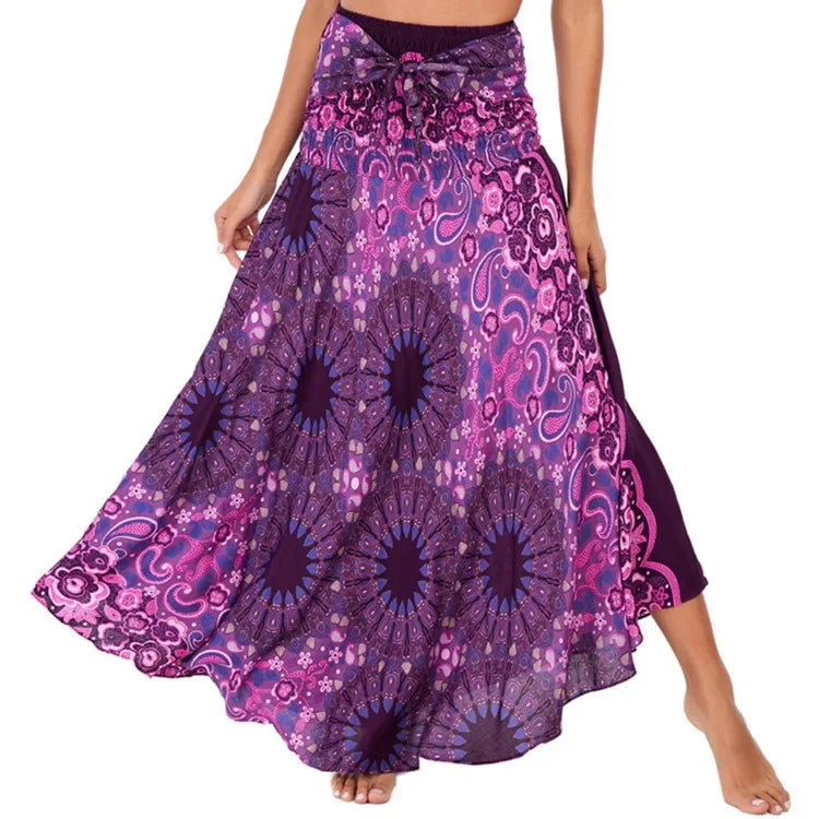 Boho Floral Maxi Skirt – Ethnic Style Elastic Waist Long Skirt for Women