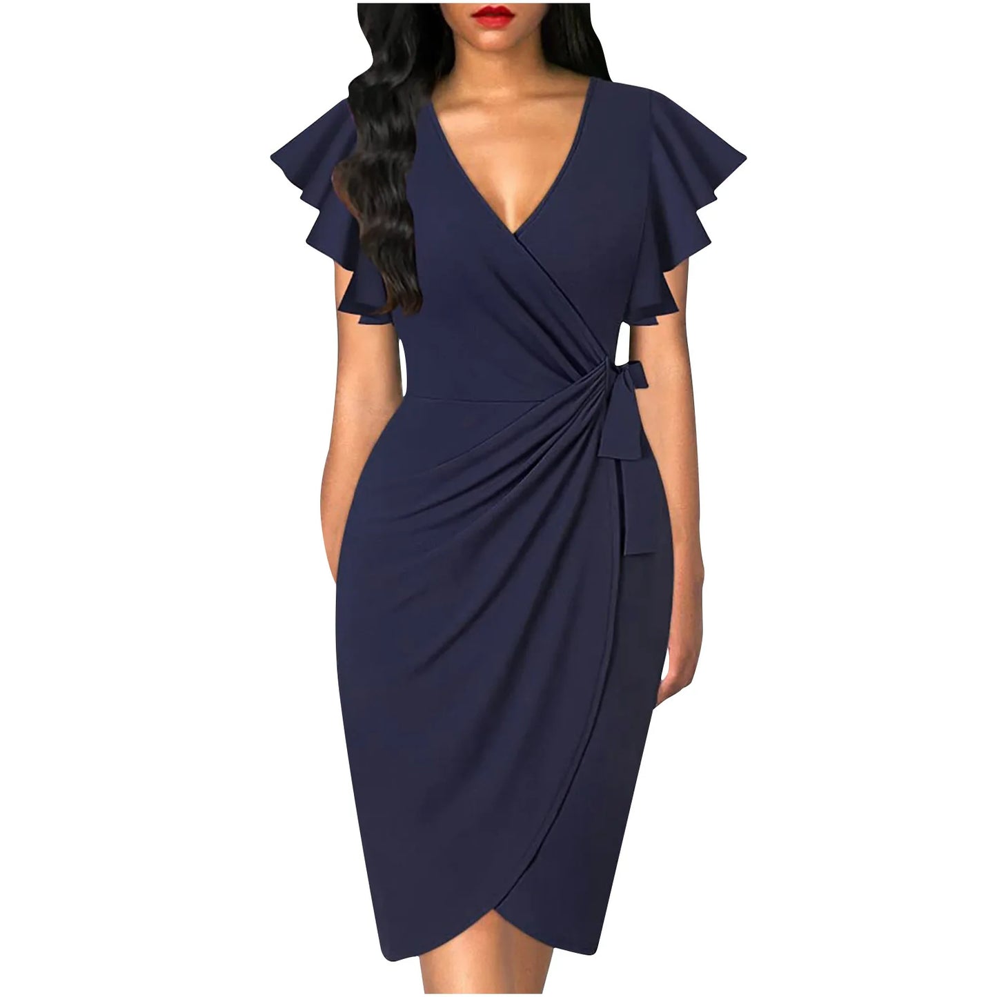 Summer Elegant  Bodycom Dress Lady V-Neck Petal Sleeve Dress Solid Color Pleated Work Robe Clothes