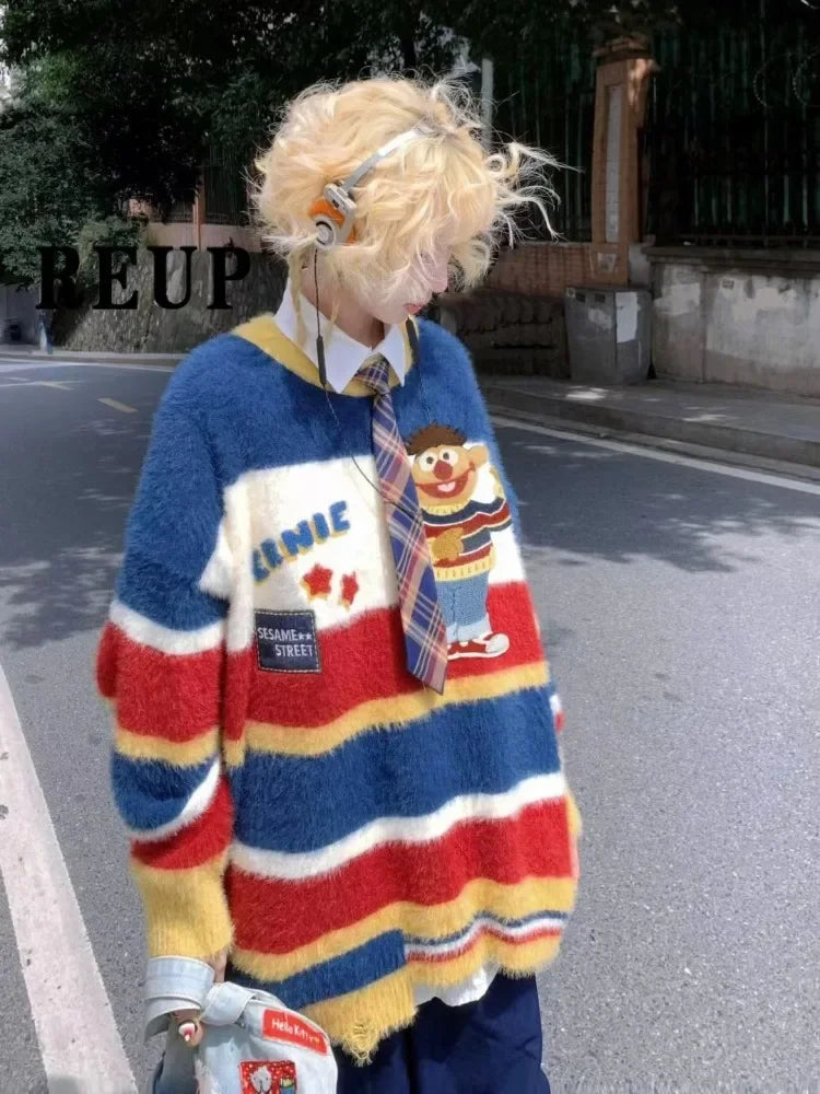 Hikigawa Casual Contrast Color Striped Women Sweaters Cartoon Long Sleeve Knitted Pullovers Sweet All Match Loose Jumpers