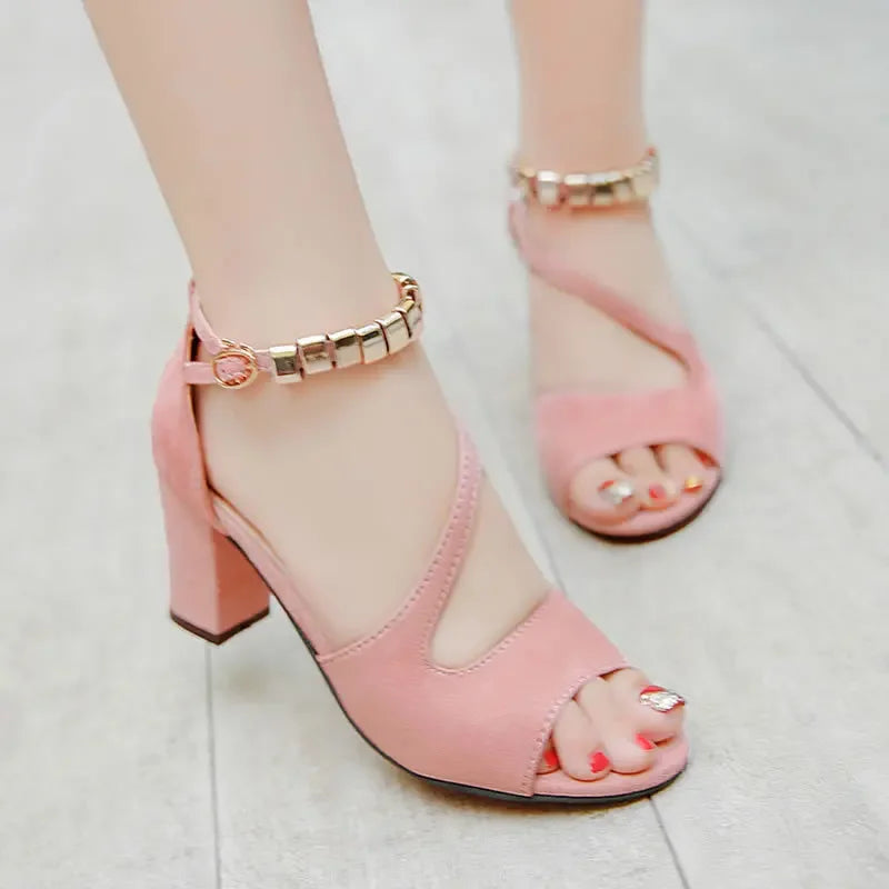 spring summer sexy fish mouth hollow Roman sandals thick with word with beaded high heels female summer Sexy female sandals