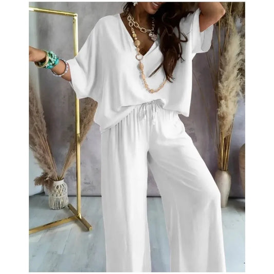 Women's Casual V-Neck Short Sleeve Top & Wide-Leg Pants Set – Chic Summer 2-Piece Outfit