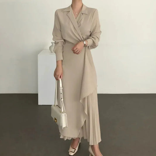 Elegant Pleated Long Shirt Dress – Vintage Formal Office & Evening Wear