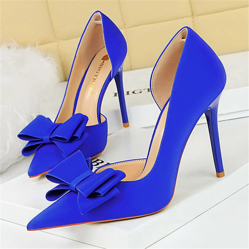 Women 10.5cm High Heels Silk Butterfly Knot Purple Green Pumps Lady Wedding Bridal Escarpin Blue Peach Evening Party Sweet Shoes