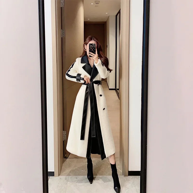 New 2024 Wool Blend Jacket Elegant Color Block Mid Length Plush Coat For Women Stylish Outerwear Warm Comfortable Female Coat