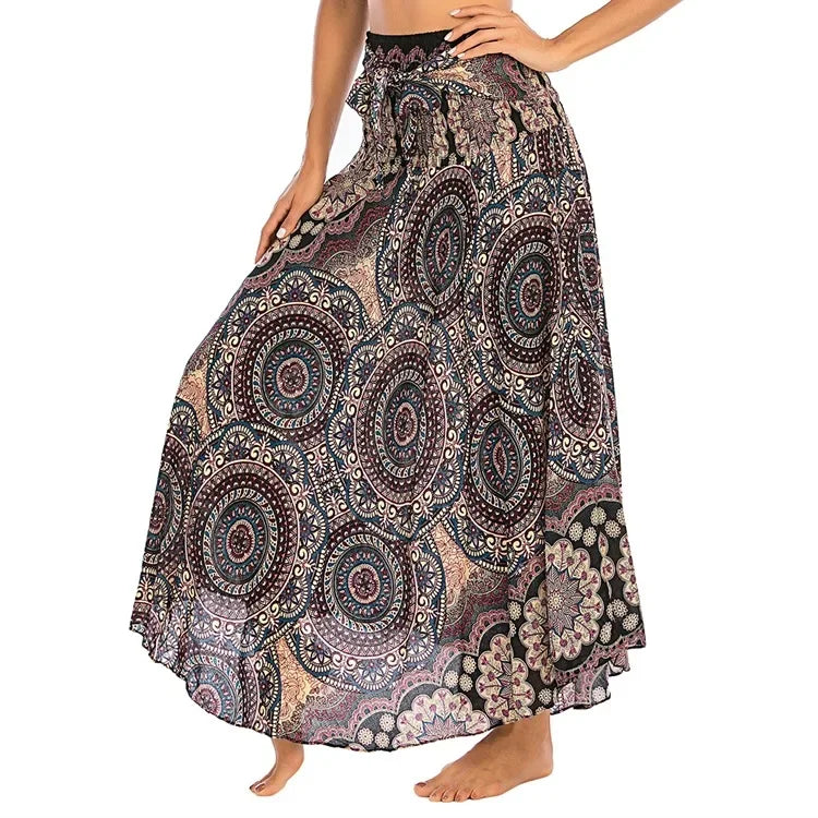 Boho Floral Maxi Skirt – Ethnic Style Elastic Waist Long Skirt for Women