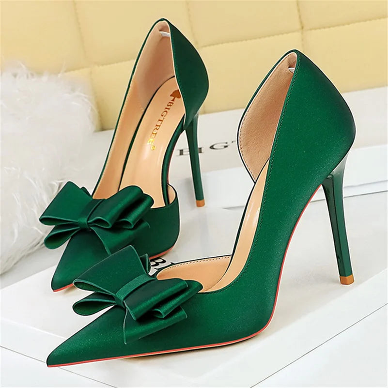 Women 10.5cm High Heels Silk Butterfly Knot Purple Green Pumps Lady Wedding Bridal Escarpin Blue Peach Evening Party Sweet Shoes