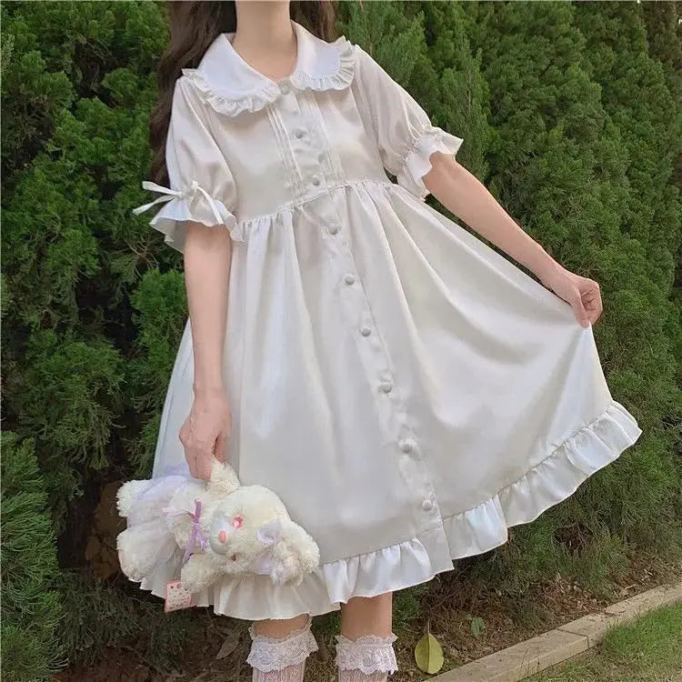 Japanese Lolita White Dress Women Summer Puff Sleeve Ruffles Dress Preppy Style Kawaii Sweet Fairy Peter Pan Collar Midi Dresses