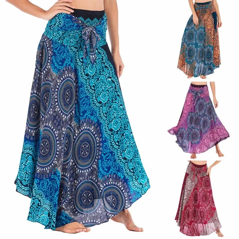 Boho Floral Maxi Skirt – Ethnic Style Elastic Waist Long Skirt for Women