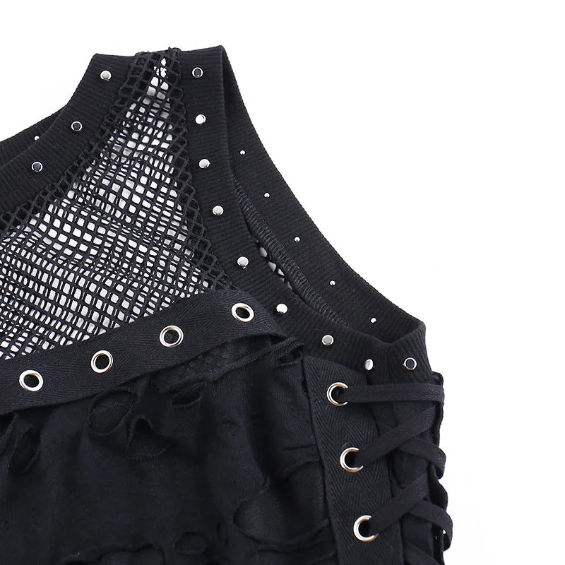 Gothic Crop Tops Punk Tanks Trendy Camisole T-Shirt Women Sexy Fishnet Backless Steampunk Vest Clubwear for Rave Party