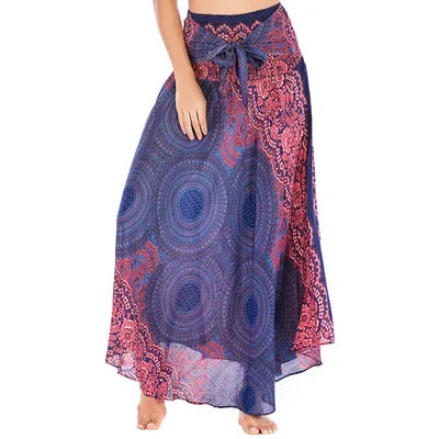 Boho Floral Maxi Skirt – Ethnic Style Elastic Waist Long Skirt for Women