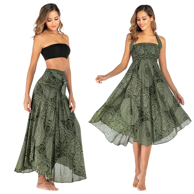 Boho Floral Maxi Skirt – Ethnic Style Elastic Waist Long Skirt for Women