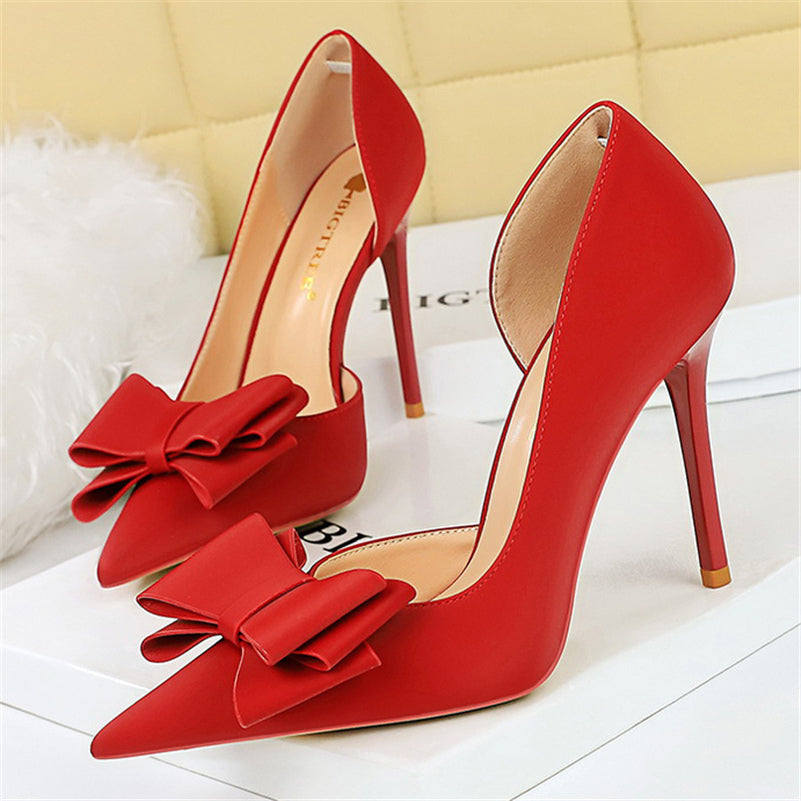 Women 10.5cm High Heels Silk Butterfly Knot Purple Green Pumps Lady Wedding Bridal Escarpin Blue Peach Evening Party Sweet Shoes