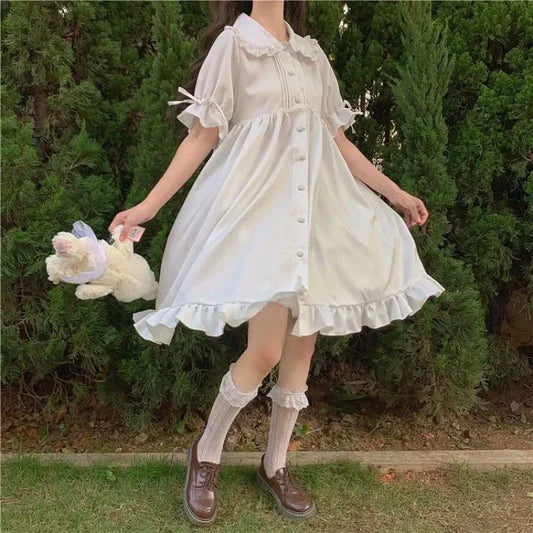 Japanese Lolita White Dress Women Summer Puff Sleeve Ruffles Dress Preppy Style Kawaii Sweet Fairy Peter Pan Collar Midi Dresses