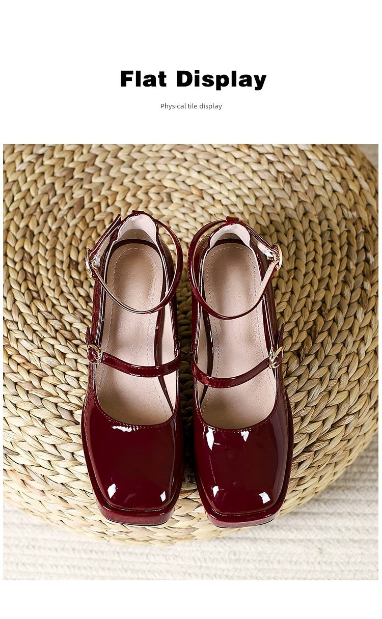 Waterproof Platform Small Red Wedding Shoes Square Toe Strap