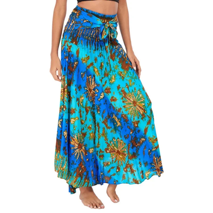 Boho Floral Maxi Skirt – Ethnic Style Elastic Waist Long Skirt for Women