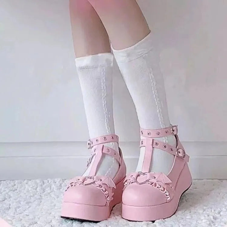 Brand Dropship Sweet Lolita Style Gothic Cosplay Black Pink Cozy Wedges Mary Jane High Heels Pumps Platform Shoes Woman 35-43