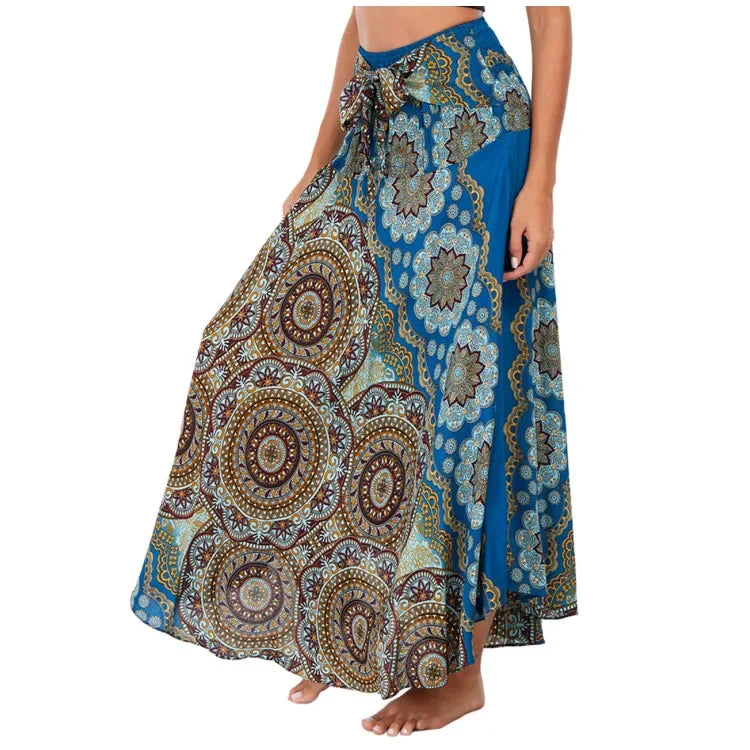 Boho Floral Maxi Skirt – Ethnic Style Elastic Waist Long Skirt for Women