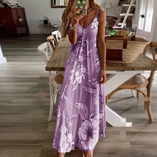 Plus Size 2023 Spring Summer Dress Purple Floral Print V-Neck Long Dresses Casual Bohemian Sleeveless Women Beach Party Dress