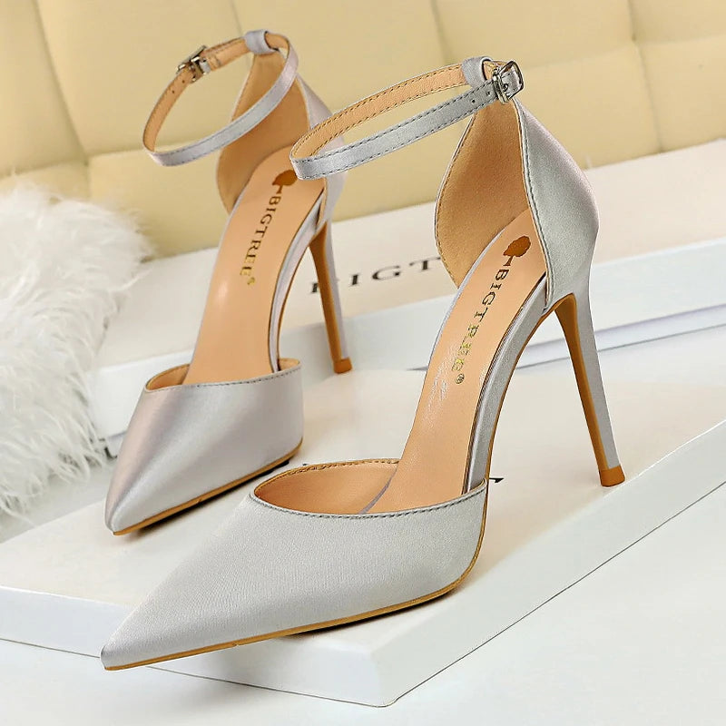 BIGTREE Shoes Satin With Shallow Pointed Women Pumps Buckle High Heels Female Shoes Stiletto Heels Sandals Sexy Party Shoes