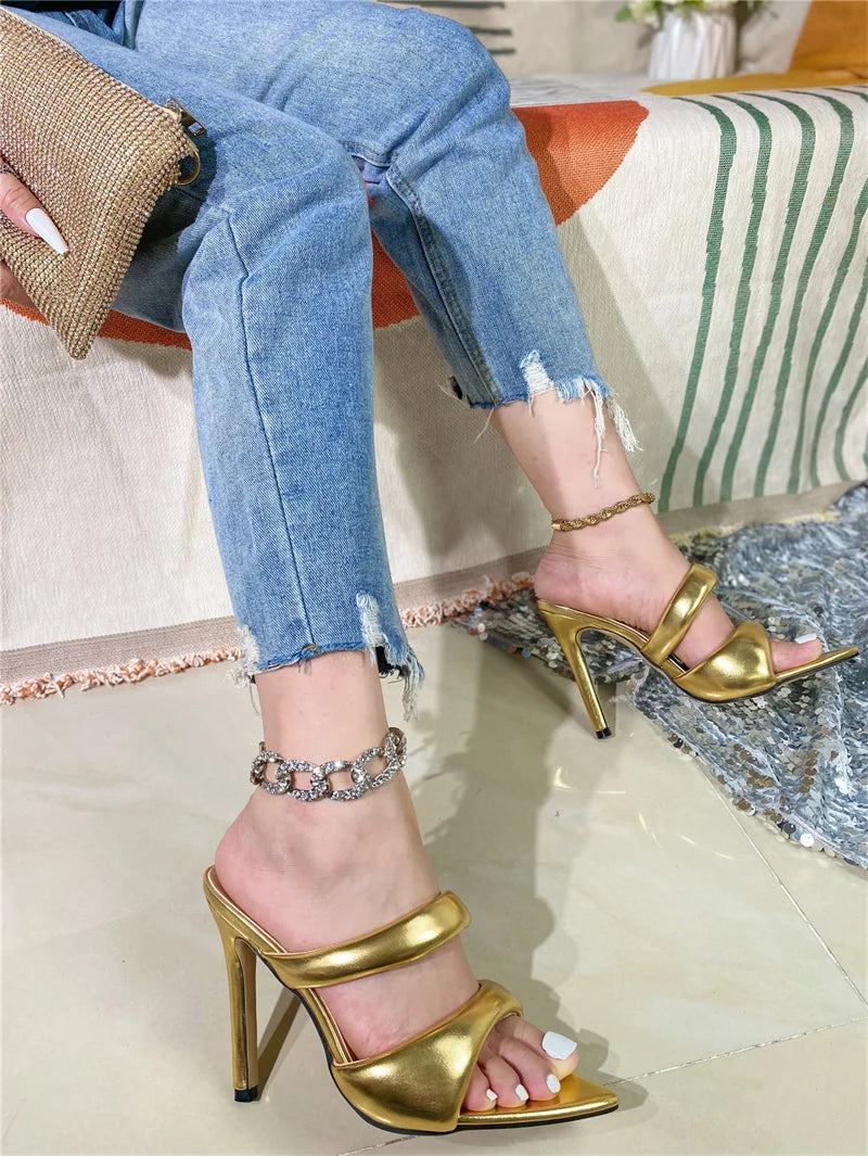 Liyke Sexy Pointed Toe Golded High Heels Women Slippers Cozy PU Leather Summer Party Banquet Shoes Ladies Sandalias De Mujer