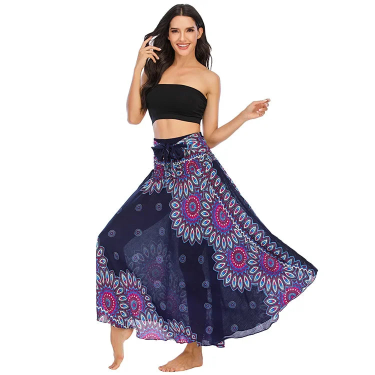 Boho Floral Maxi Skirt – Ethnic Style Elastic Waist Long Skirt for Women