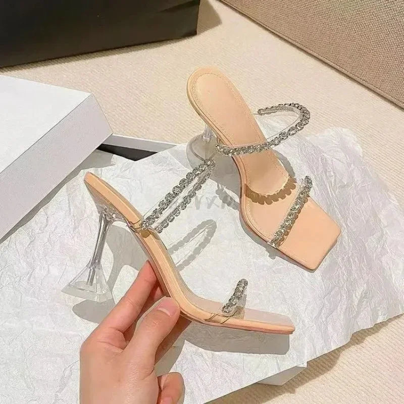 New Summer Sexy Fashion Open Toe Women's Sandals Water Diamond Shining Square Headed Banquet Women's High Heels Large Design