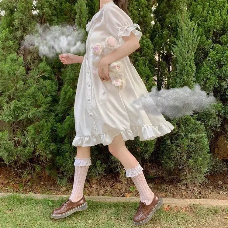 Japanese Lolita White Dress Women Summer Puff Sleeve Ruffles Dress Preppy Style Kawaii Sweet Fairy Peter Pan Collar Midi Dresses