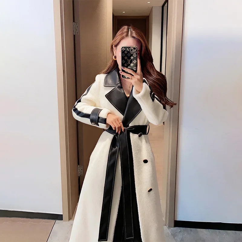 New 2024 Wool Blend Jacket Elegant Color Block Mid Length Plush Coat For Women Stylish Outerwear Warm Comfortable Female Coat