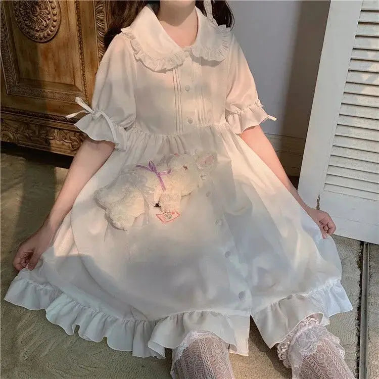 Japanese Lolita White Dress Women Summer Puff Sleeve Ruffles Dress Preppy Style Kawaii Sweet Fairy Peter Pan Collar Midi Dresses