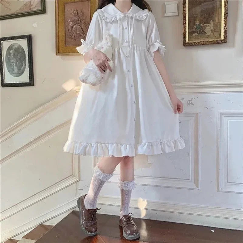 Japanese Lolita White Dress Women Summer Puff Sleeve Ruffles Dress Preppy Style Kawaii Sweet Fairy Peter Pan Collar Midi Dresses